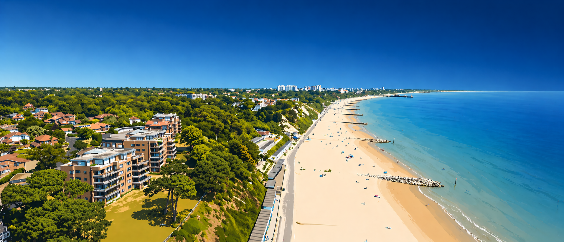 Aerial view of Branksome Towers on the clifftop at Branksome Park, Poole, overlooking the beach